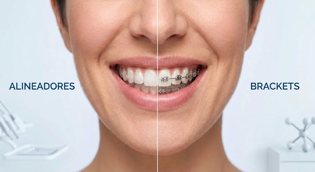 Comparación entre alineadores transparentes y brackets sobre la misma dentadura
